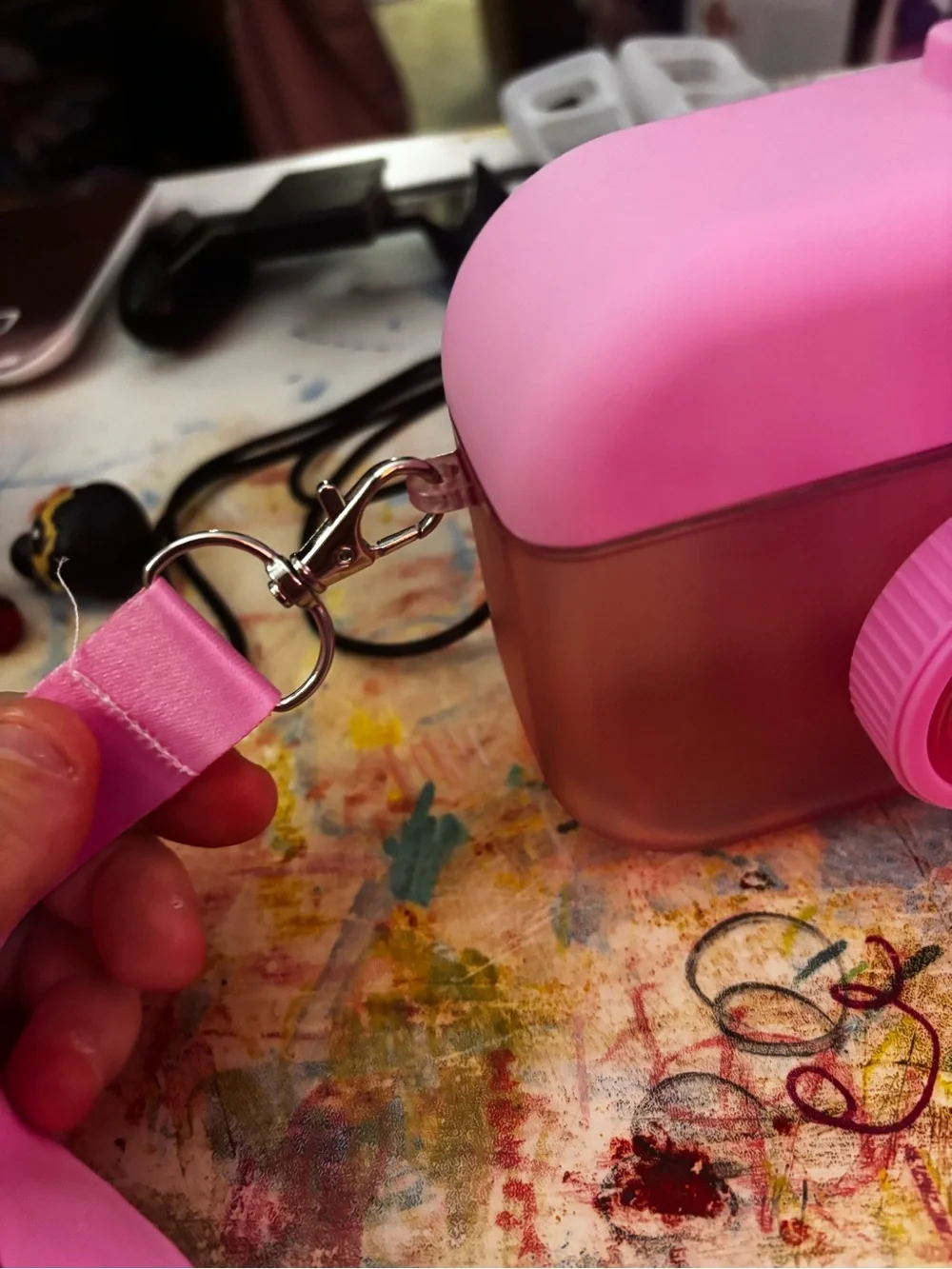 Pink Camera themed water bottle with Strap